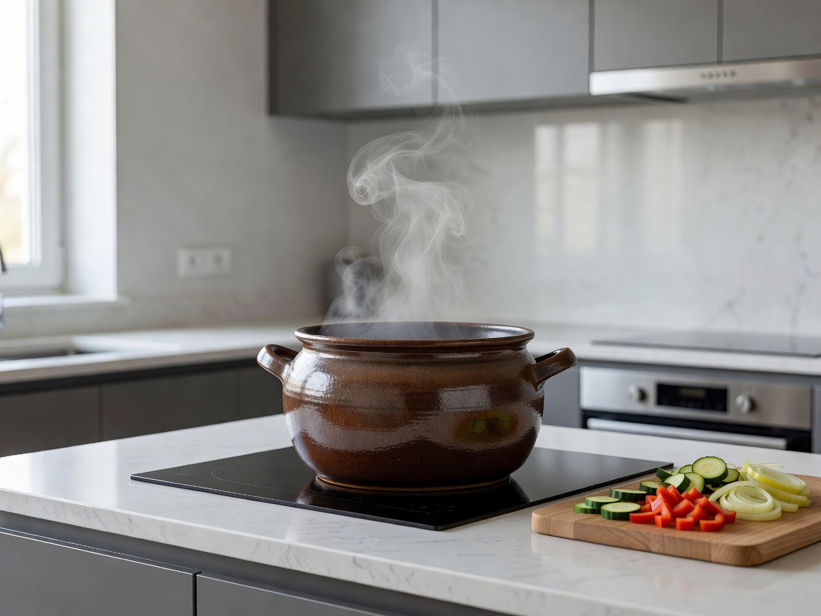 A ceramic cooking pot emitting steam in a modern kitchen