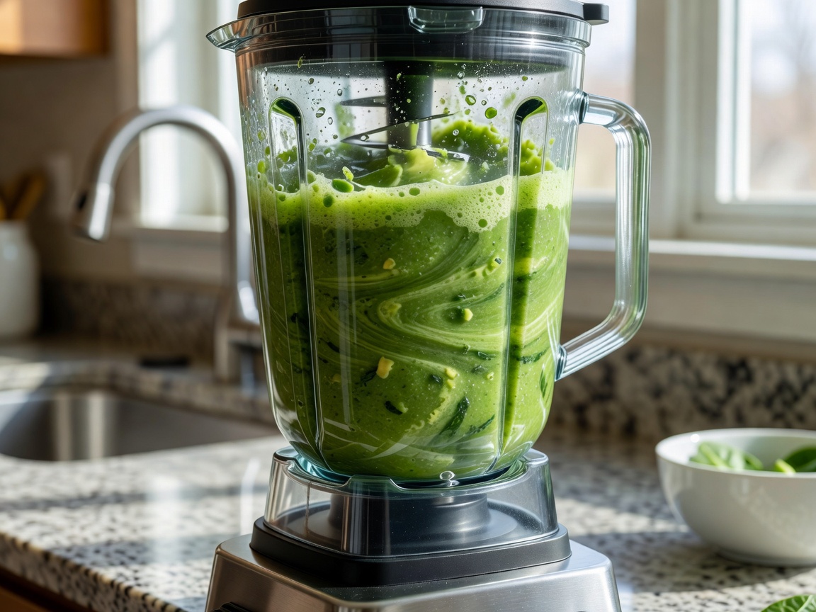 A high performance blender creating a smooth green puree on a kitchen counter