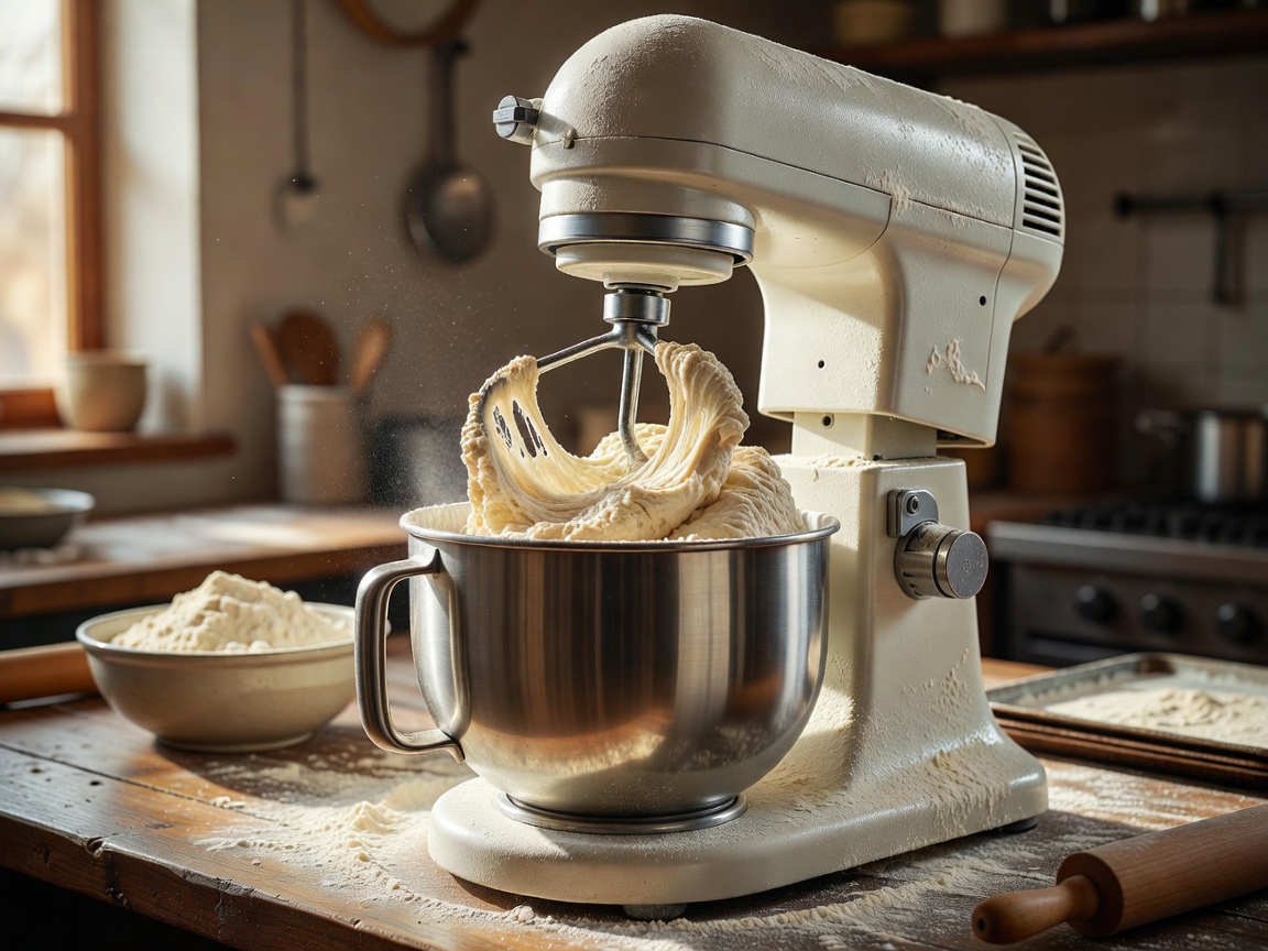 A robust stand mixer with a dough hook attachment working heavy bread dough