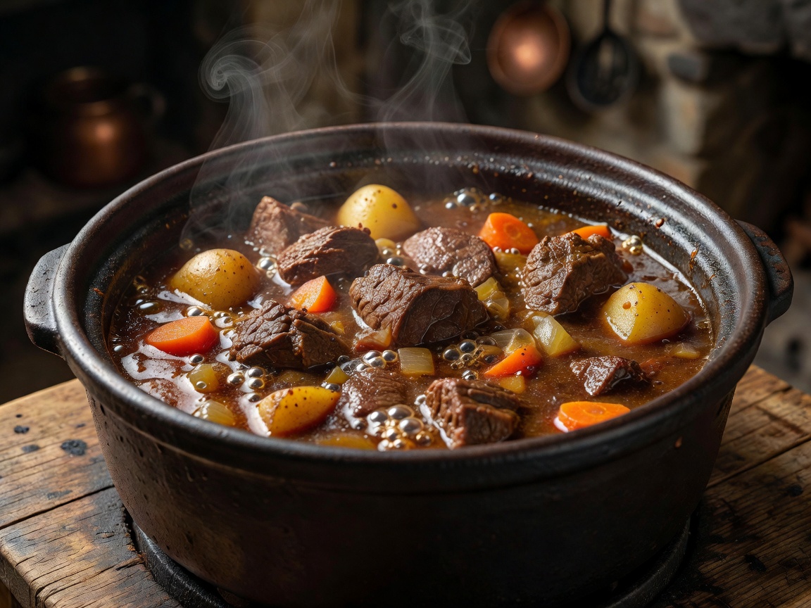 A robust stew simmering slowly in a heavy ceramic pot