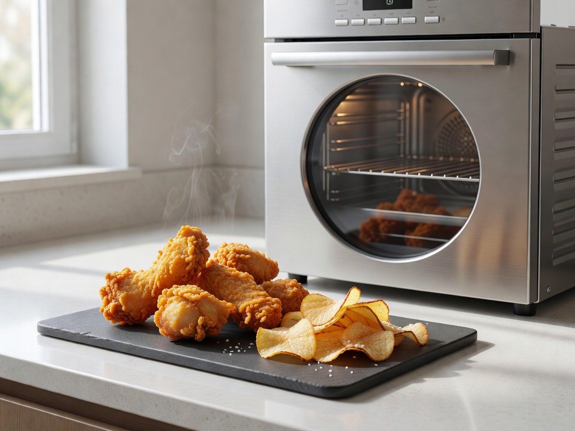 Crispy food items resting near a modern convection appliance
