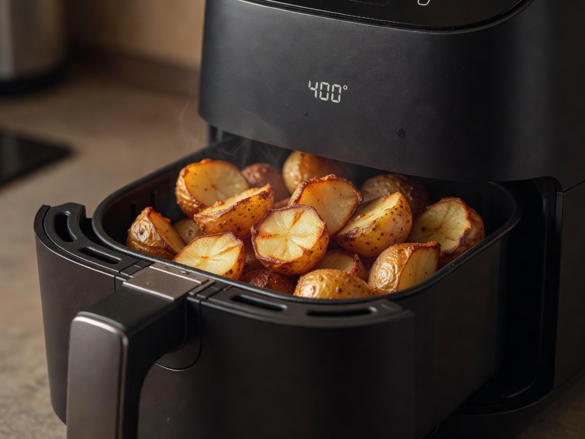 Crispy potatoes sitting in the drawer of a matte black air fryer appliance