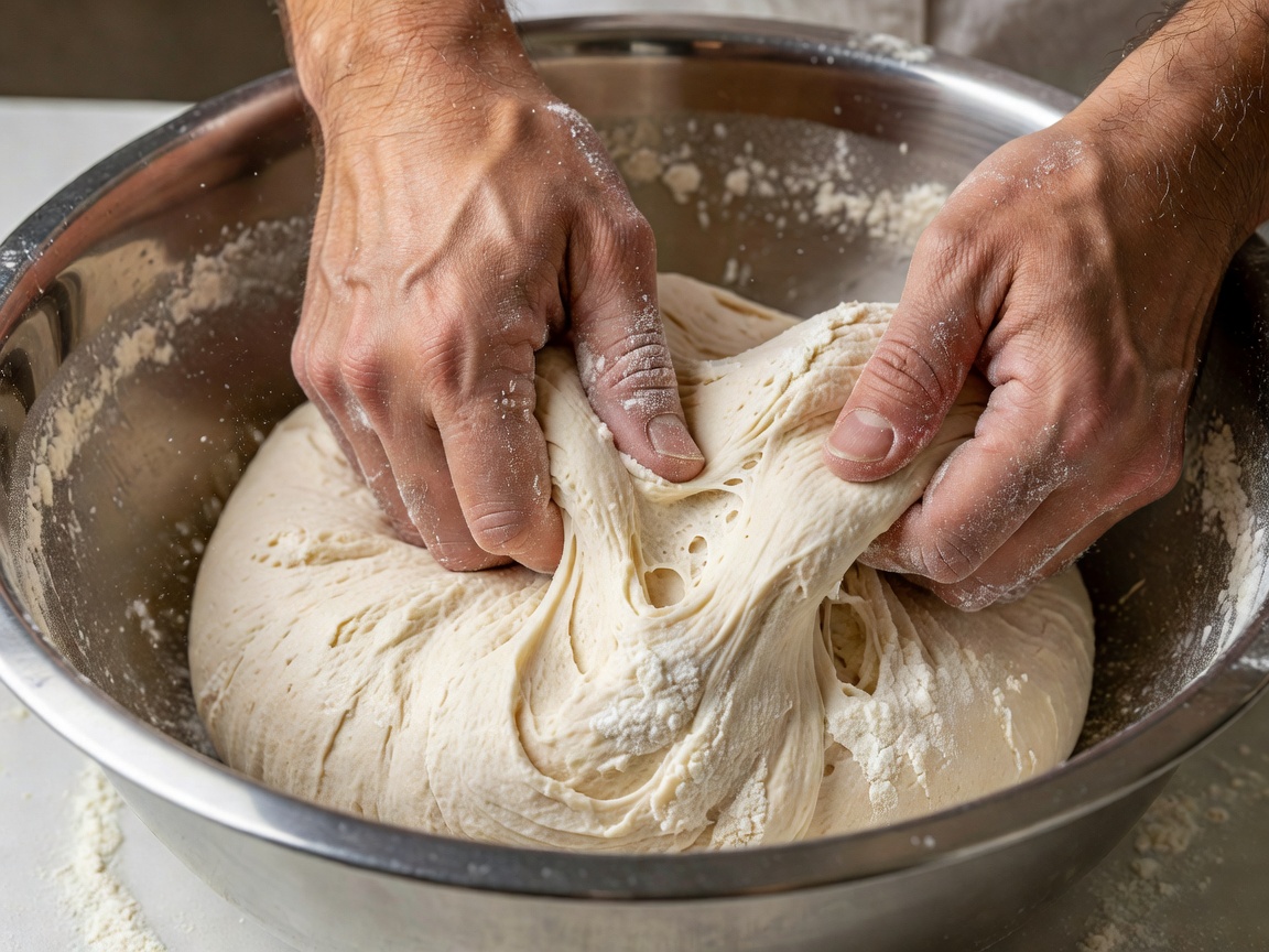 Dough being kneaded in a stainless steel bowl