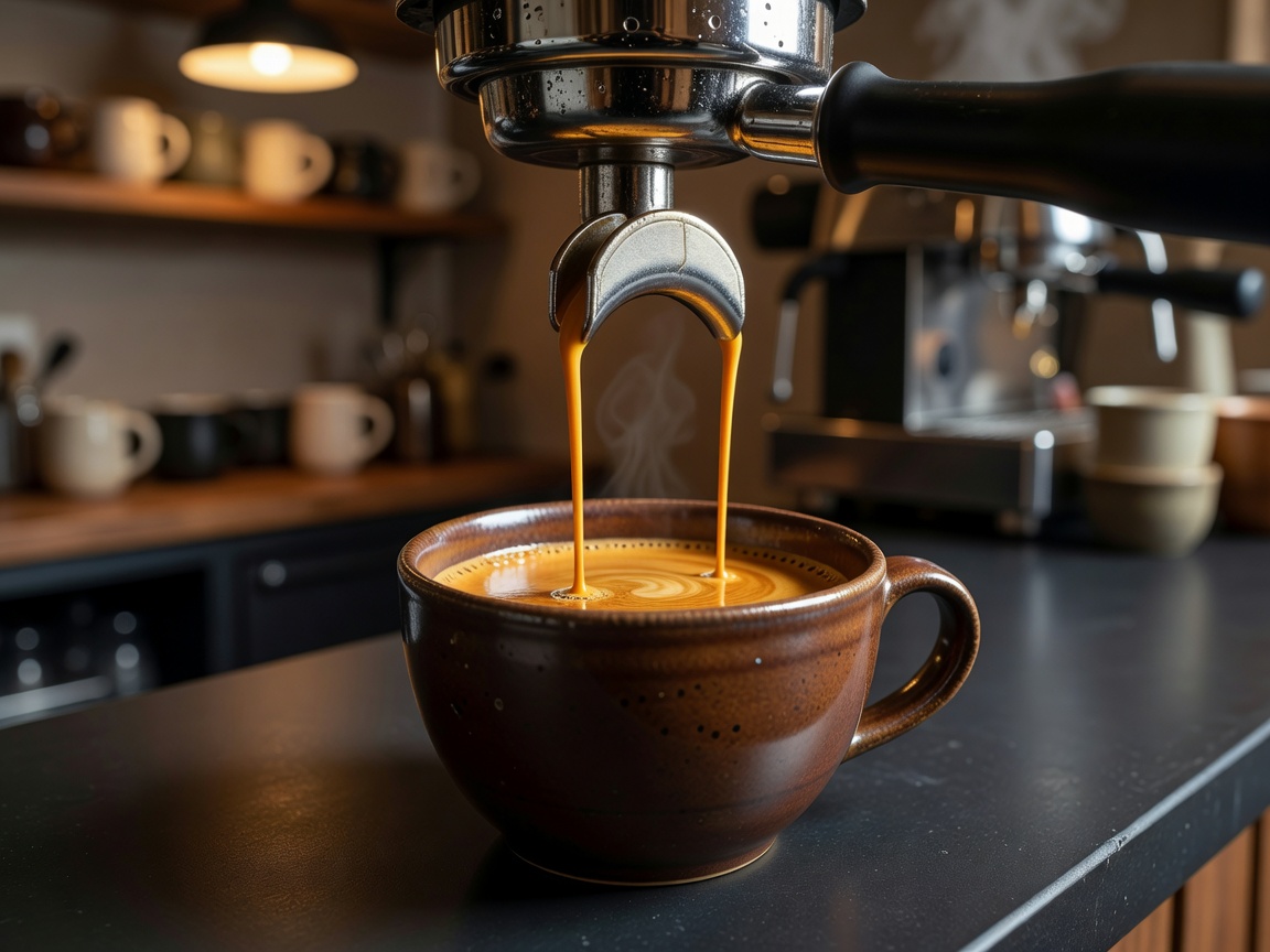 Fresh espresso pulling into a ceramic cup