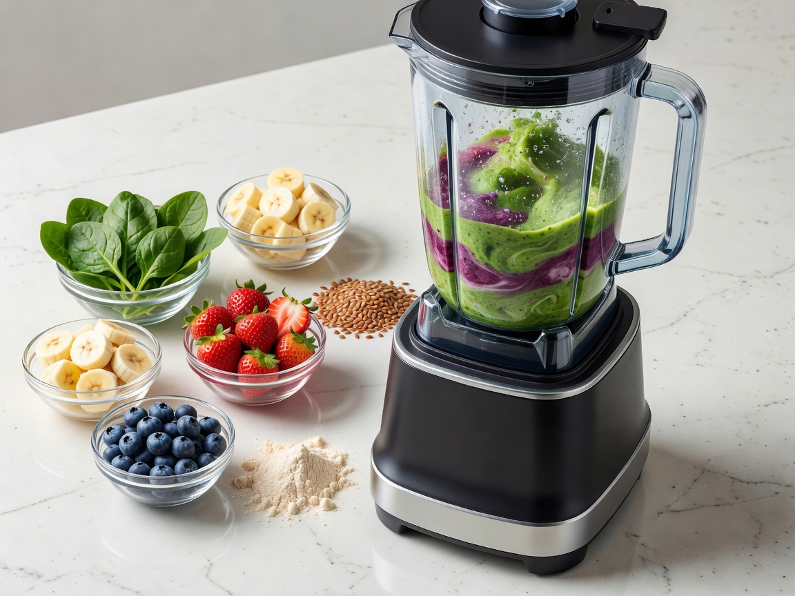 Various ingredients prepared next to a blending apparatus on a clean countertop
