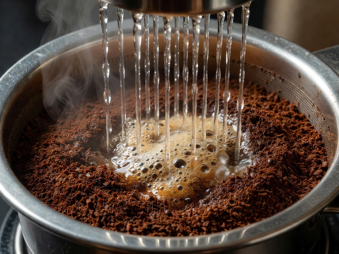 Water dispensing evenly over fresh coffee grounds in a metal filter